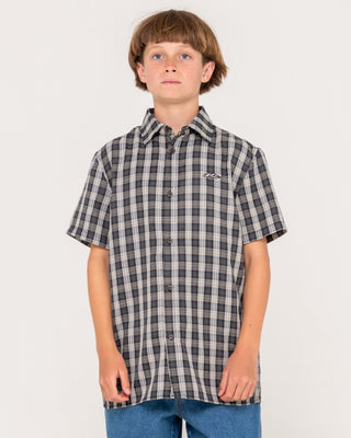 Boy wearing Datsun Check Short Sleeve Shirt Boys in Black