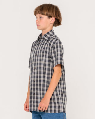 Boy wearing Datsun Check Short Sleeve Shirt Boys in Black