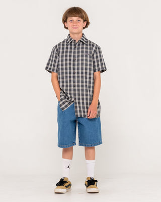 Boy wearing Datsun Check Short Sleeve Shirt Boys in Black