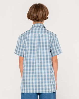 Boy wearing Datsun Check Short Sleeve Shirt Boys in Dolphin Blue