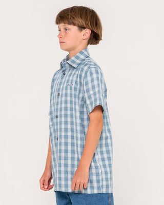 Boy wearing Datsun Check Short Sleeve Shirt Boys in Dolphin Blue