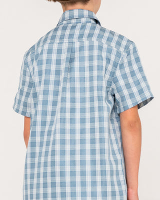 Boy wearing Datsun Check Short Sleeve Shirt Boys in Dolphin Blue