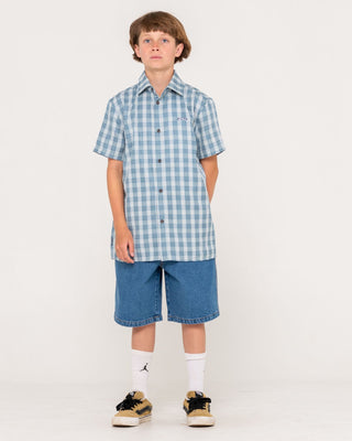 Boy wearing Datsun Check Short Sleeve Shirt Boys in Dolphin Blue