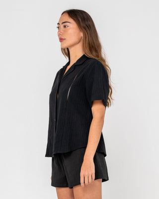 Woman wearing Rummer Has It Short Sleeved Shirt in Black