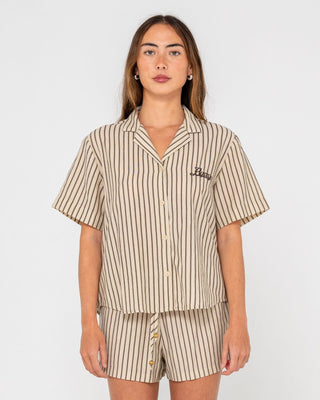 Woman wearing Sandy Stripe Short Sleeved Shirt in Oatmeal Stripe