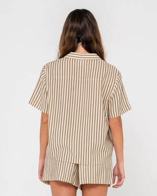 Woman wearing Sandy Stripe Short Sleeved Shirt in Oatmeal Stripe