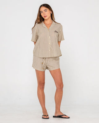 Woman wearing Sandy Stripe Short Sleeved Shirt in Oatmeal Stripe