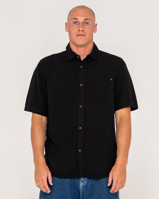 Man wearing Overtone Short Sleeve Linen Shirt in Black