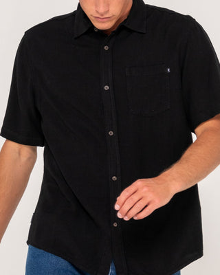 Man wearing Overtone Short Sleeve Linen Shirt in Black