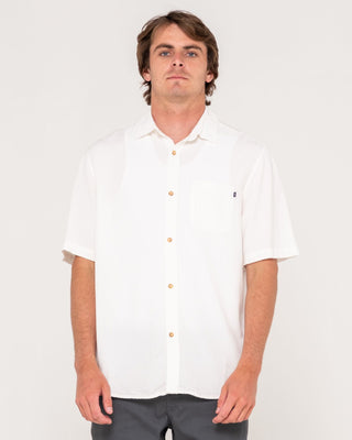 Man wearing Overtone Short Sleeve Linen Shirt in Whisper White