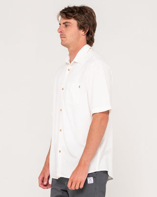 Man wearing Overtone Short Sleeve Linen Shirt in Whisper White