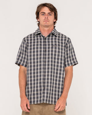 Man wearing Datsun Check Short Sleeve Shirt in Black