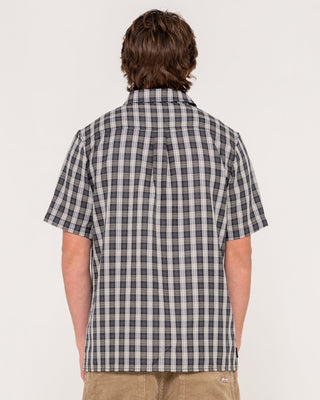 Man wearing Datsun Check Short Sleeve Shirt in Black