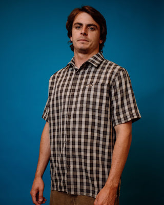 Man wearing Datsun Check Short Sleeve Shirt in Black