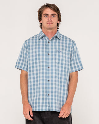 Man wearing Datsun Check Shirt in Dolphin Blue
