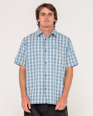 Man wearing Datsun Check Short Sleeve Shirt in Dolphin Blue