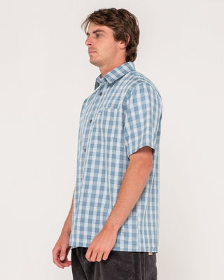 Man wearing Datsun Check Short Sleeve Shirt in Dolphin Blue