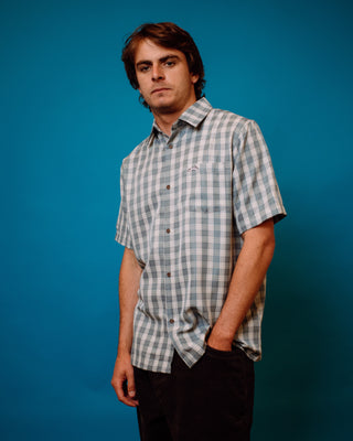 Man wearing Datsun Check Shirt in Dolphin Blue