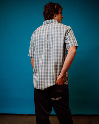 Man wearing Datsun Check Shirt in Dolphin Blue