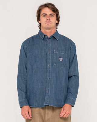 Man wearing Vallejo Denim Long Sleeve Shirt in Indigo