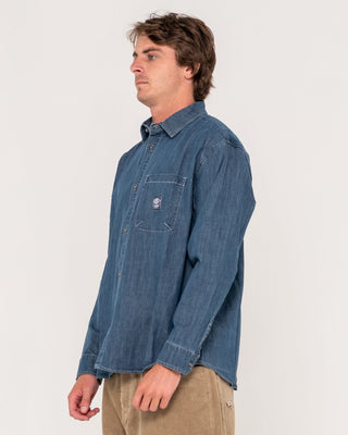Man wearing Vallejo Denim Long Sleeve Shirt in Indigo