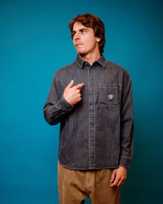 Man wearing Vallejo Denim Long Sleeve Shirt in Indigo