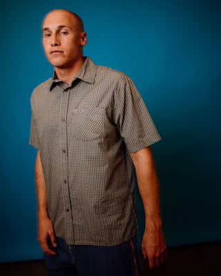 Man wearing Datsun Cuts Short Sleeve Shirt in Savanna