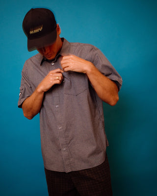 Man wearing Stasha Pocket Short Sleeve Shirt in Navy Blue