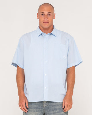 Man wearing Hoodus Check Short Sleeve Shirt in Smoke Blue