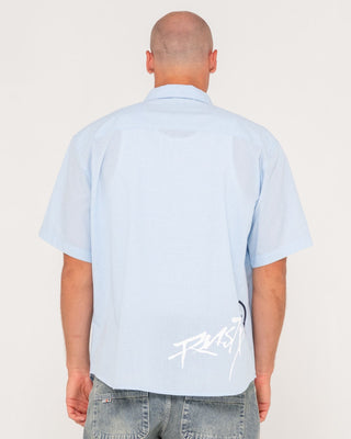 Man wearing Hoodus Check Short Sleeve Shirt in Smoke Blue
