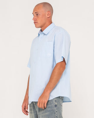 Man wearing Hoodus Check Short Sleeve Shirt in Smoke Blue