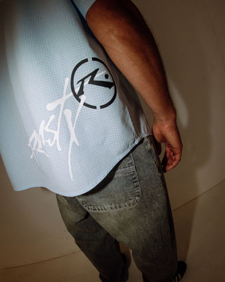 Man wearing Hoodus Check Short Sleeve Shirt in Smoke Blue