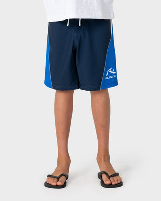 Boy wearing Plot Twist Fixed Waist Boardshort Boys in Navy Blue
