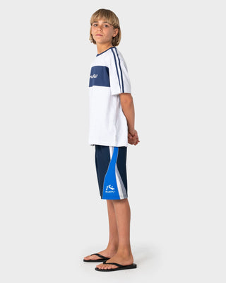 Boy wearing Plot Twist Fixed Waist Boardshort Boys in Navy Blue