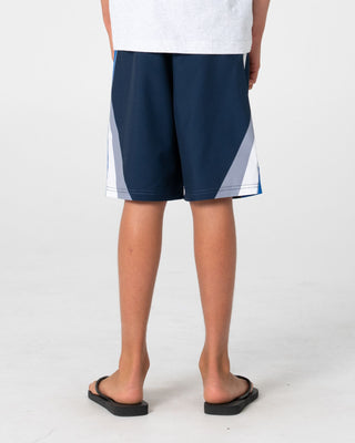 Boy wearing Plot Twist Fixed Waist Boardshort Boys in Navy Blue