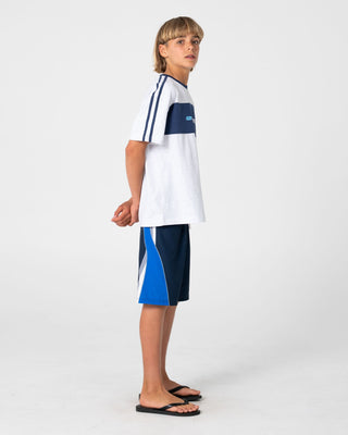Boy wearing Plot Twist Fixed Waist Boardshort Boys in Navy Blue