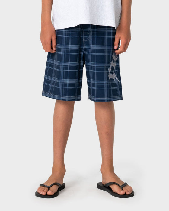 boy-wearing-scream-fixed-waist-boardshort-boys-in-navy-blue-plaid