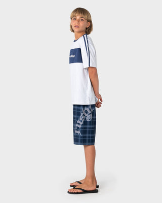 Boy wearing Scream Fixed Waist Boardshort Boys in Navy Blue Plaid