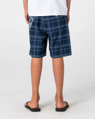 Boy wearing Scream Fixed Waist Boardshort Boys in Navy Blue Plaid