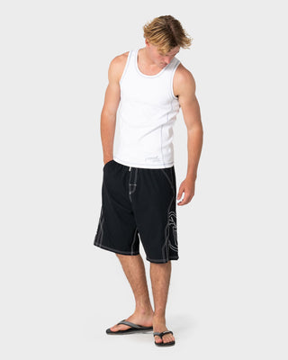 Man wearing Tombstones Hybrid Waist Boardshort in Black
