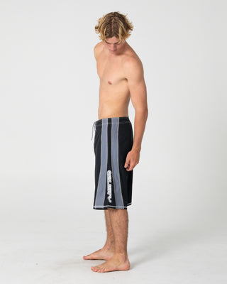Man wearing Cybernate Fixed Waist Boardshort in Black Grey