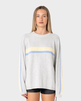 Woman wearing White Lines Long Sleeve Crew Neck Knit in Grey Marle / Yellow