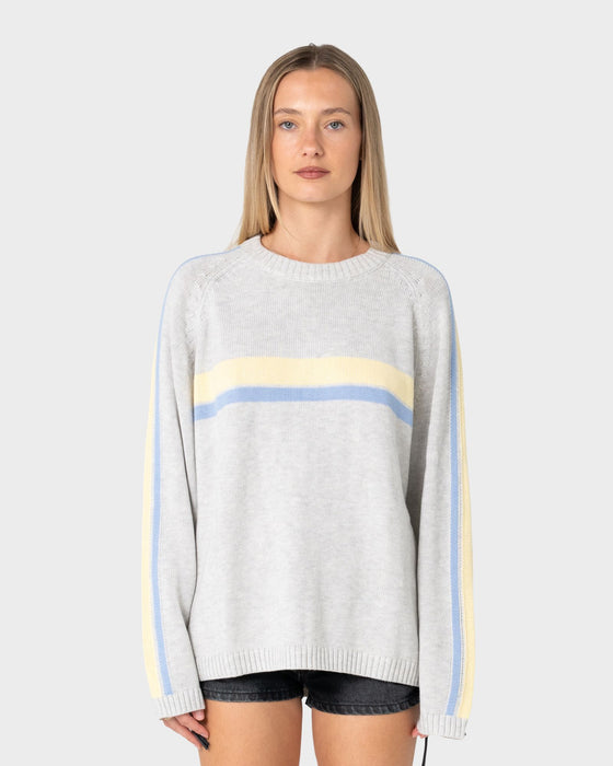woman-wearing-white-lines-long-sleeve-crew-neck-knit-in-grey-marle-yellow