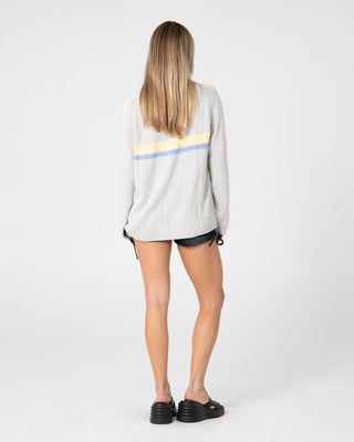 Woman wearing White Lines Long Sleeve Crew Neck Knit in Grey Marle / Yellow
