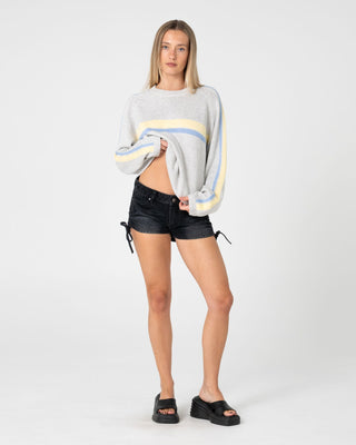 Woman wearing White Lines Long Sleeve Crew Neck Knit in Grey Marle / Yellow