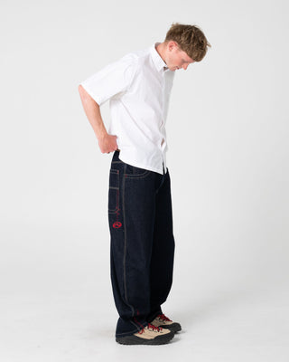Man wearing Boneyard 2.0 Cacoon Jean in Raw Dawg Blue