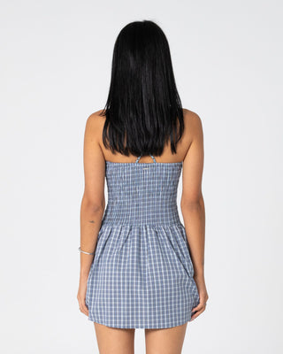 Woman wearing Mimi Smocked Mini Dress in Blue Check