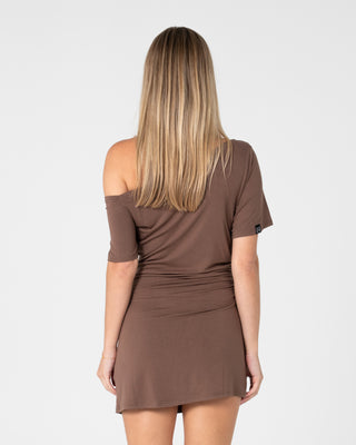 Woman wearing Sally Slouch Off Shoulder Dress in Pinecone