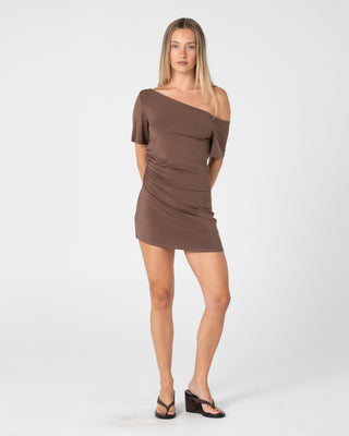 Woman wearing Sally Slouch Off Shoulder Dress in Pinecone
