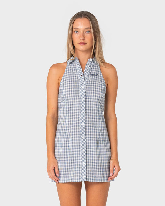 woman-wearing-missy-may-sleeveless-mini-dress-in-egret-blue-check